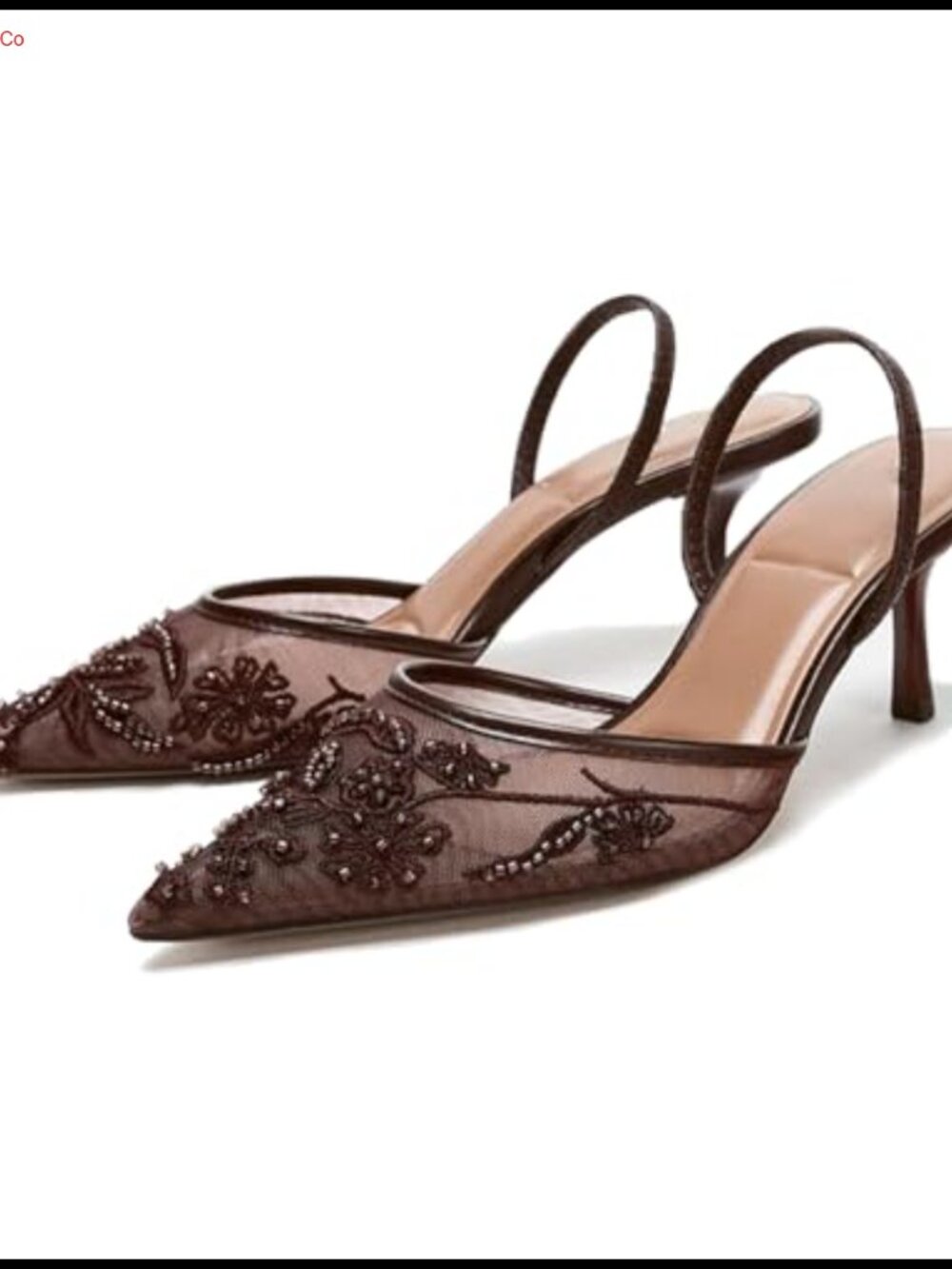 Mesh Embroidered Slingback Kitten Heels Pointed Toe Pumps Wedding